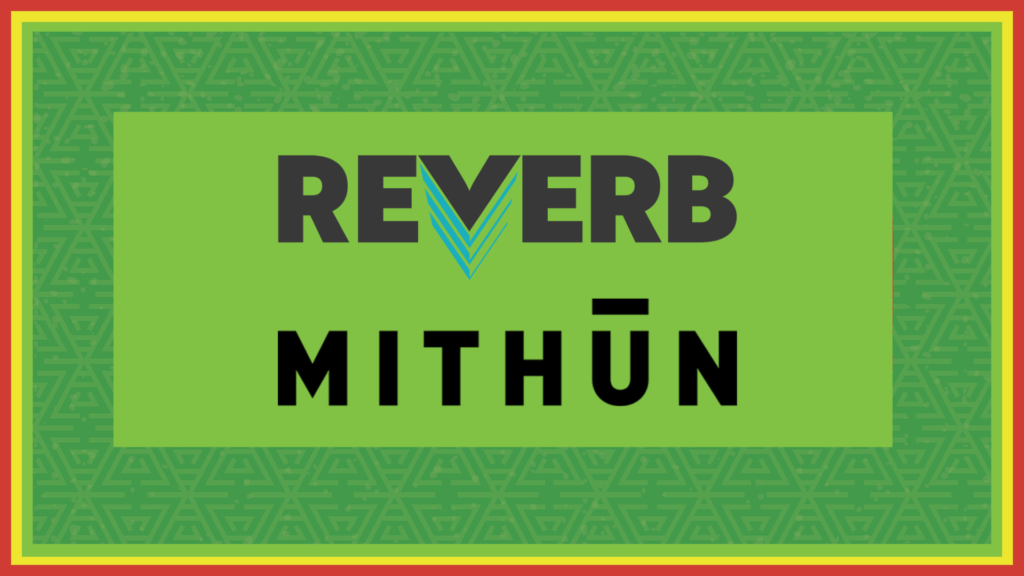 Logos for the companies Reverb and Mithun on a green background.