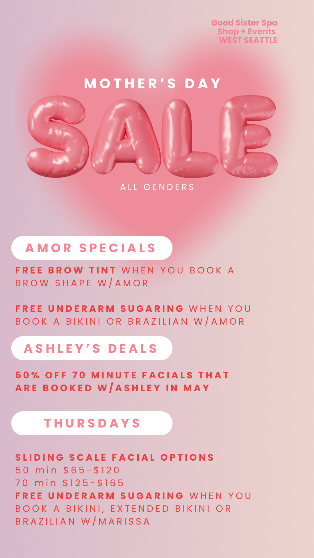 Good Sister Shop Mother's Day flyer - call store for details