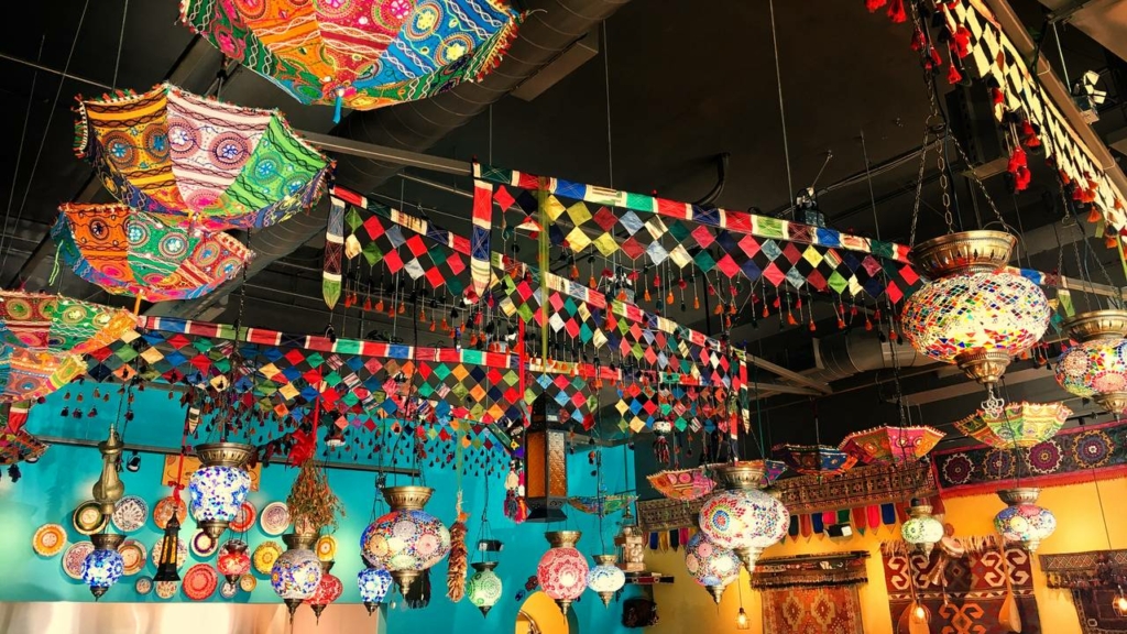 The lights and decor inside Cafe Turko.