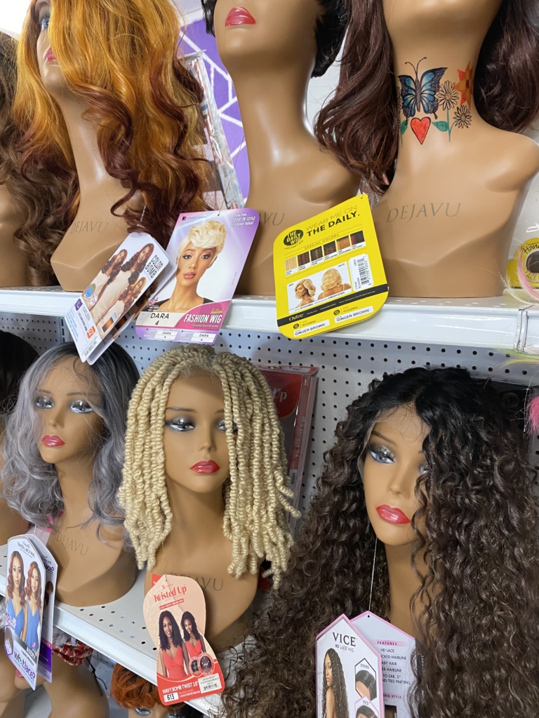 mattice close up of wigs